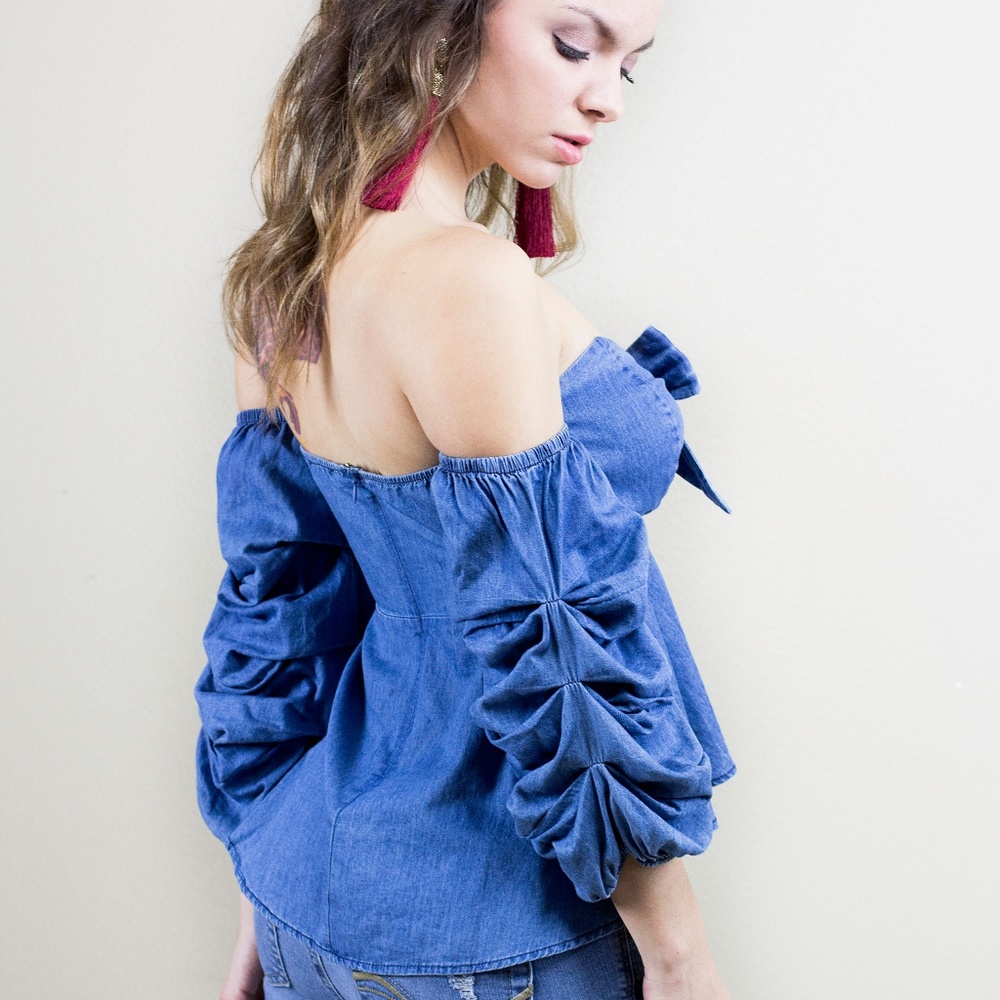 FLASH SALE!! Denim Bustier Tie Top Puff Sleeve - Picture 2 of 6